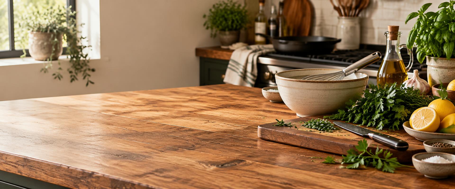 Warm houten keukenblad met verse kruiden, citroenen, een kom met garde en een koksmes